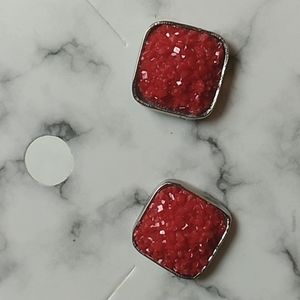 Stainless Steel Druzy Stud Earrings Square Shape Red (20)